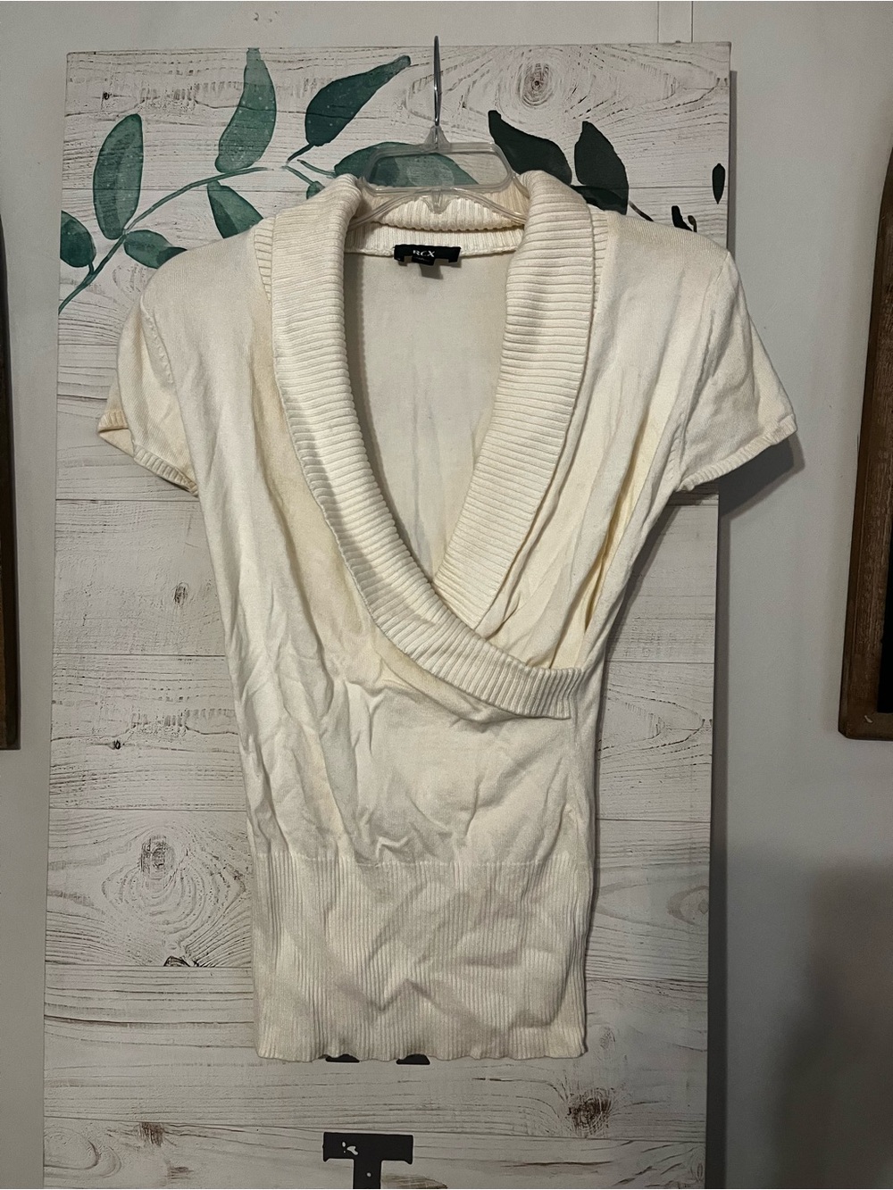BCX Cream Short Sleeve Shawl Collar Knit Top